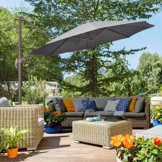 Outsunny 3(m) Cantilever Parasol 360 Rotation Roma Umbrella Hanging Sun Shade with Aluminium Frame, Tilt Crank, 8 Ribs and Cross Base, Dark Grey