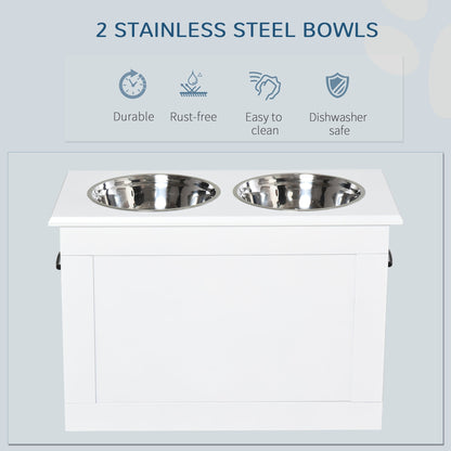 PawHut Raised Dog Bowls, with Storage, Two Stainless Steel Bowls, Elevated Base - White