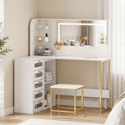 HOMCOM Dressing Table with LED Mirror and Stool, L-Shaped Vanity Desk with Drawers and Shelves, White