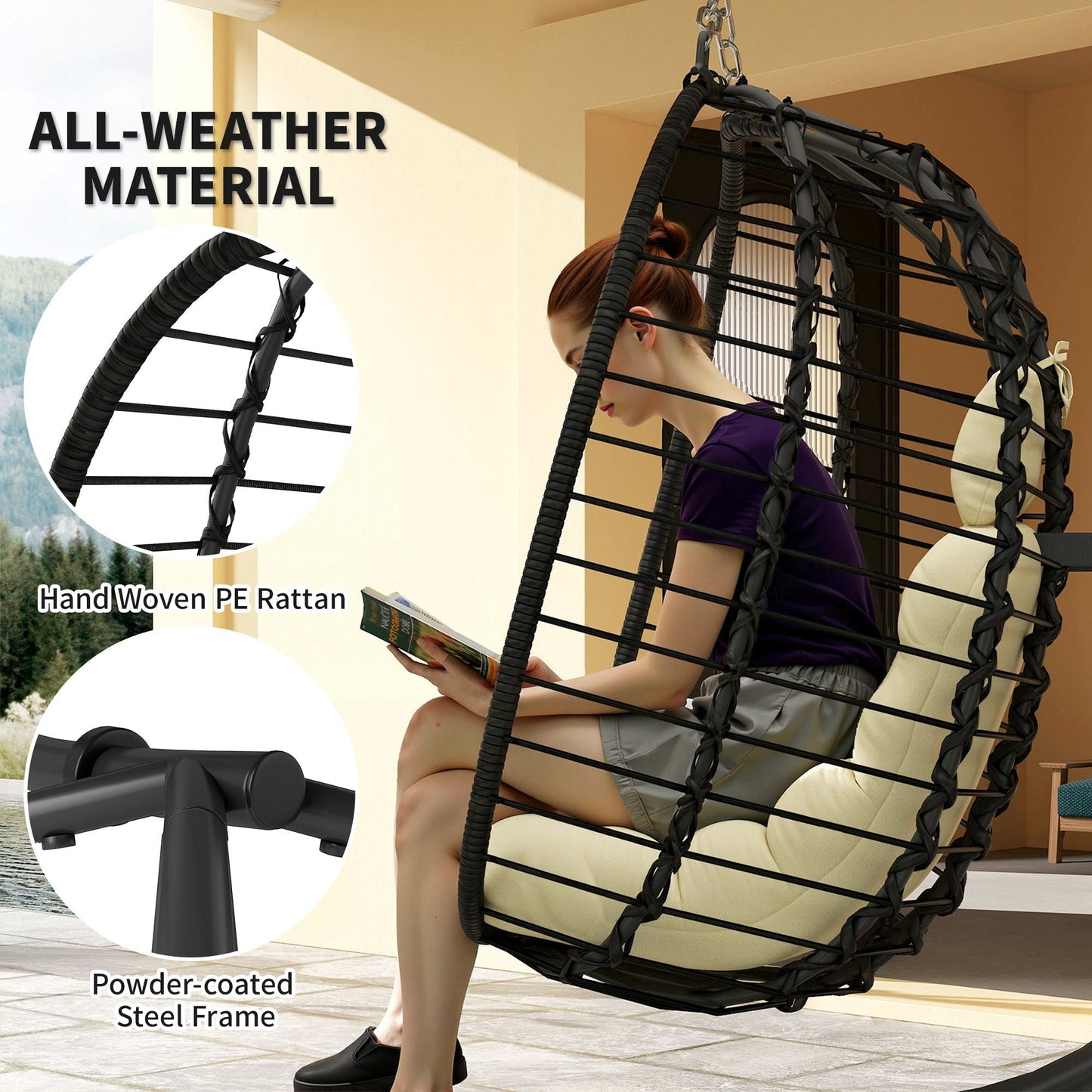 Outsunny Rattan Hanging Egg Chair, Foldable Wicker Hammock Swing Chair with Cushion, Stand, Adjustable Height, Head Pillow, Steel Frame for Garden Patio Indoor Outdoor, Cream White