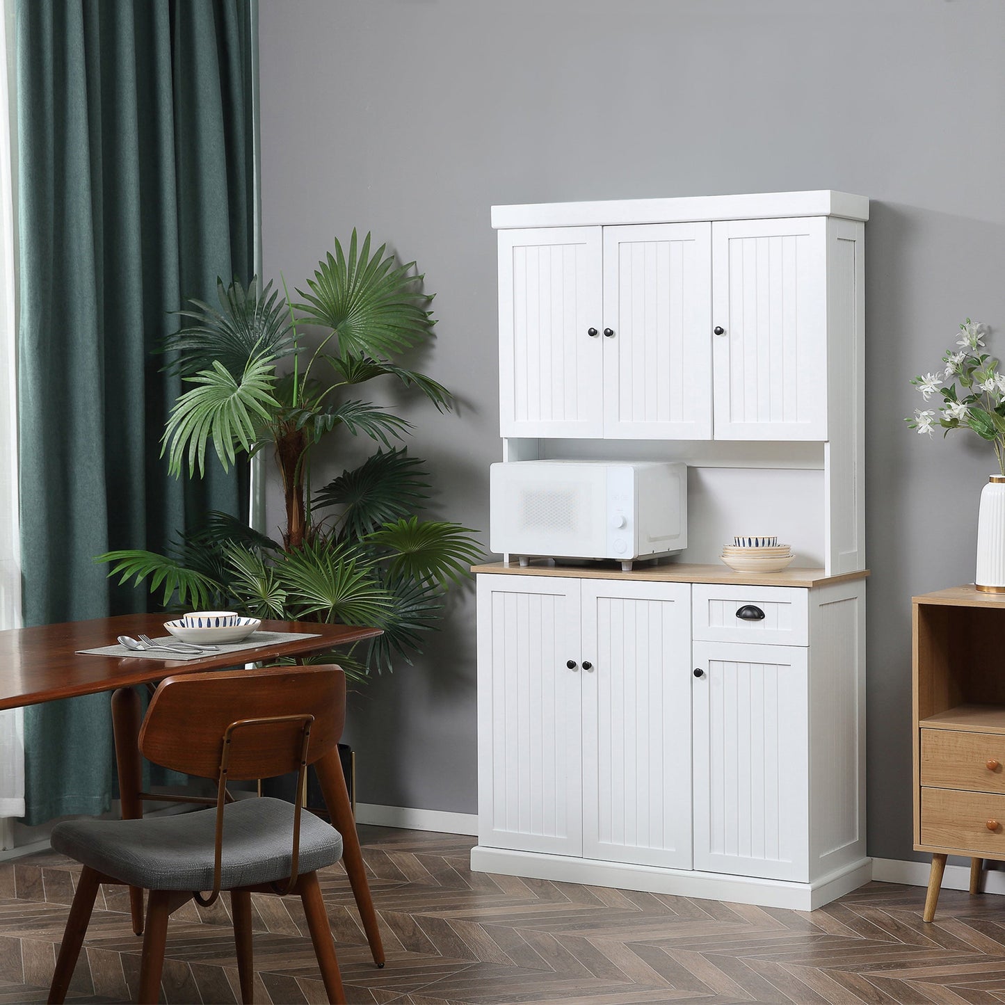 HOMCOM 180cm Freestanding Kitchen Cabinet, Modern Storage Cupboard with Open Countertop, Drawer and 6 Doors, White