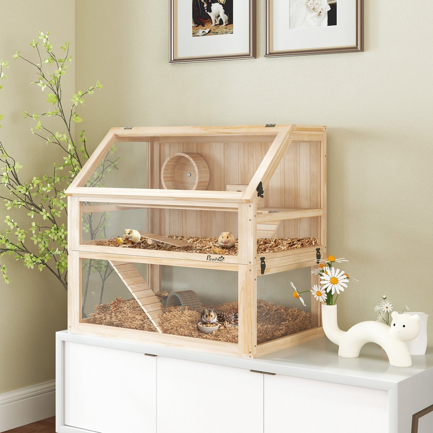 PawHut Wooden Hamster Cage with Detachable 31cm Deep Bottom, Hut, Seesaw, Exercise Wheel, Ramp, 80 x 50 x 76cm, Natural