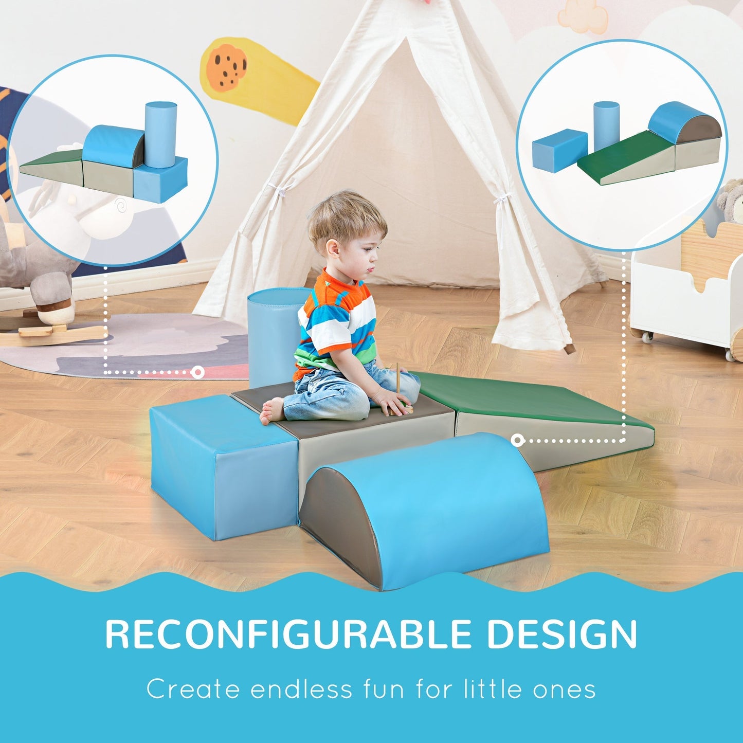 HOMCOM 5 Piece Kids Soft Play Set, Climb and Crawl Activity Toys Set for Baby Toddler, Soft Foam Blocks Indoor Play Equipment Learning Toys Blue