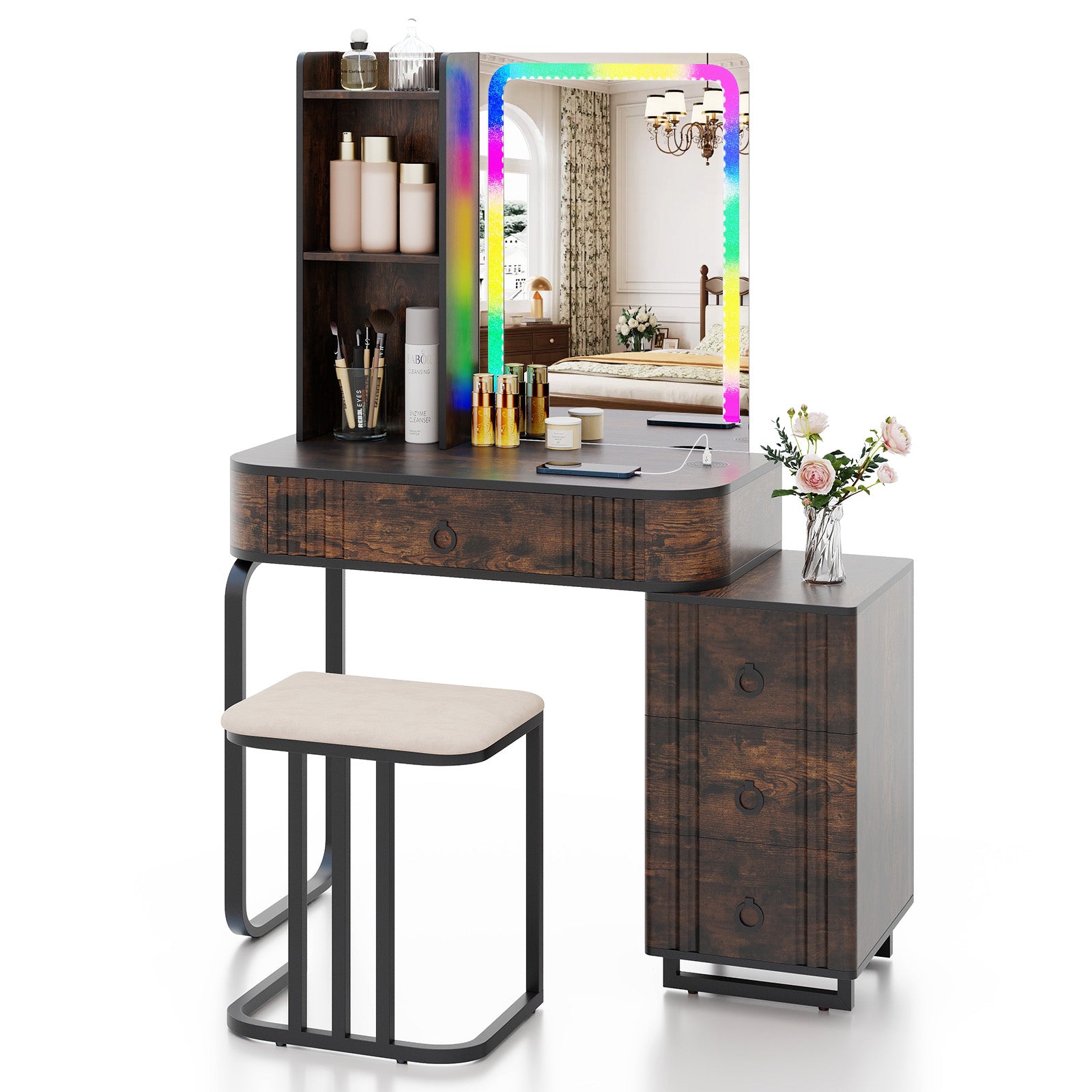 RGB LED Vanity Set with Mirror and Lights-Rustic Brown