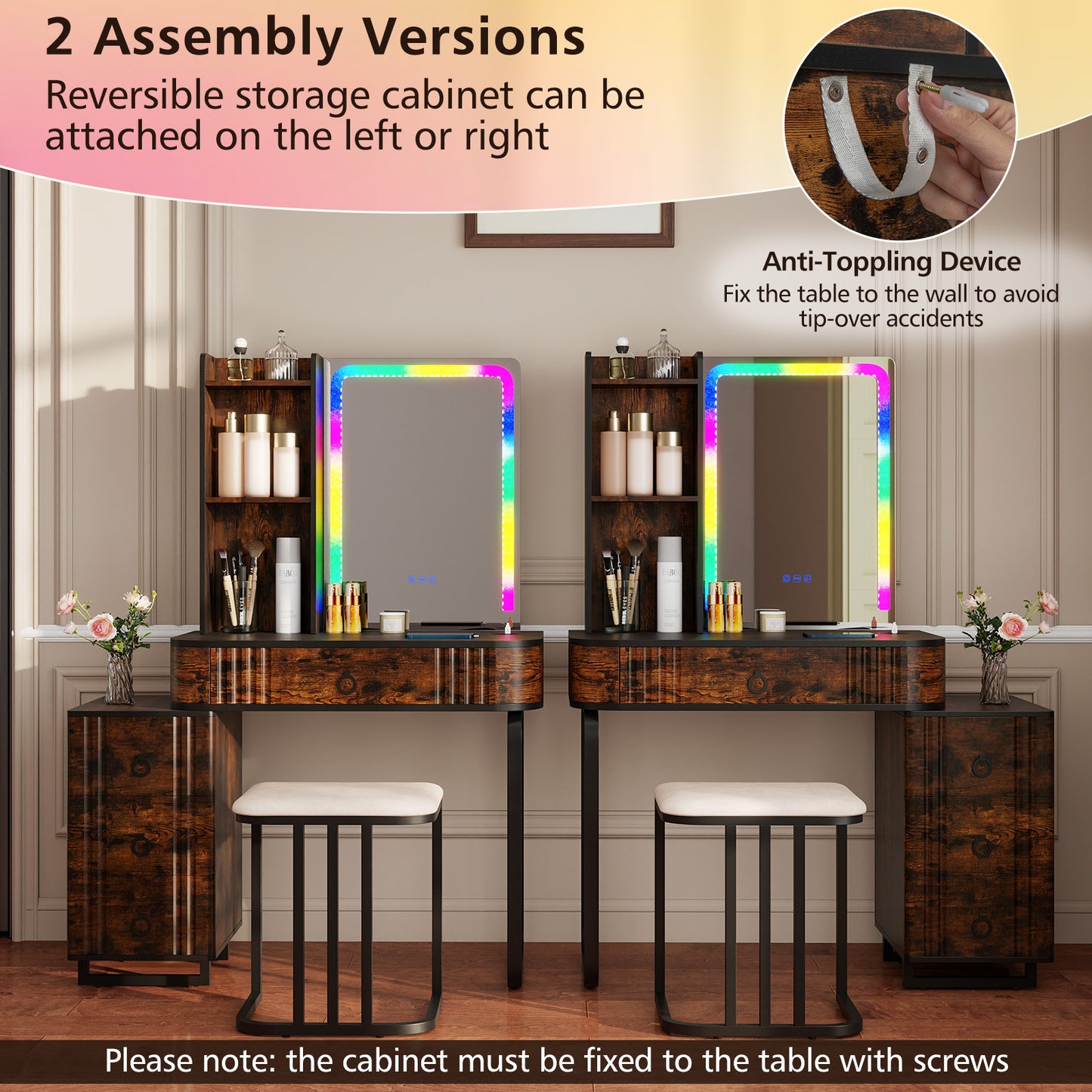 RGB LED Vanity Set with Mirror and Lights-Rustic Brown