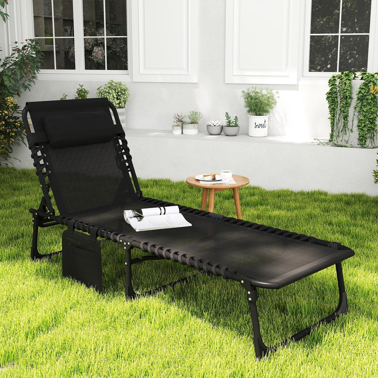 Outsunny Portable Sun Lounger, Folding Camping Bed Cot, Reclining Lounge Chair 5-position Adjustable Backrest with Side Pocket, Pillow for Patio Garden Beach Pool, Black