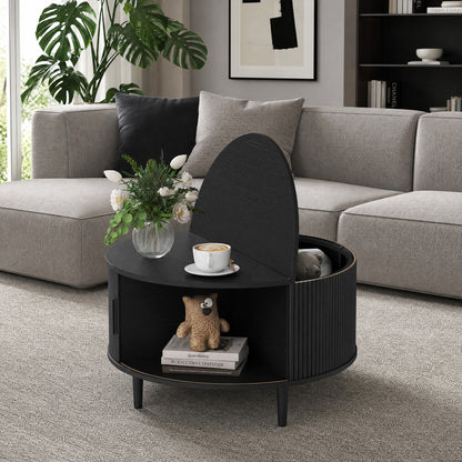 HOMCOM Coffee Table with Lift Top and Hidden Storage, Round Centre Table with Fluted Sliding Door, 80 cm, Black Wood Effect
