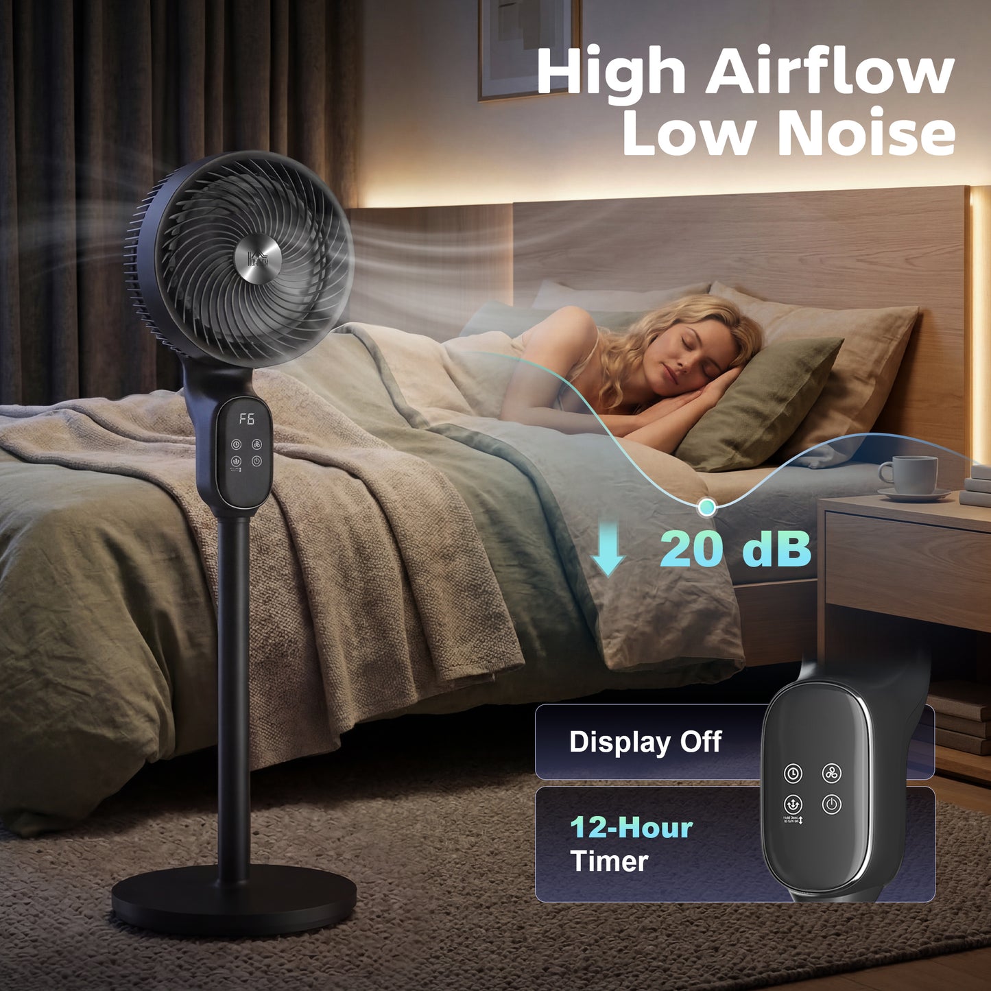 HOMCOM 20 dB Silent Standing Fan for Bedroom, 39" Pedestal Fan with Remote, 90Â° Oscillating, 8 Speeds, Adjustable Height, Black