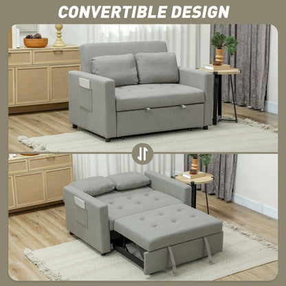 HOMCOM Loveseat Sofa Bed, Convertible Bed Settee with 2 Pillows, Side Pockets, Light Grey