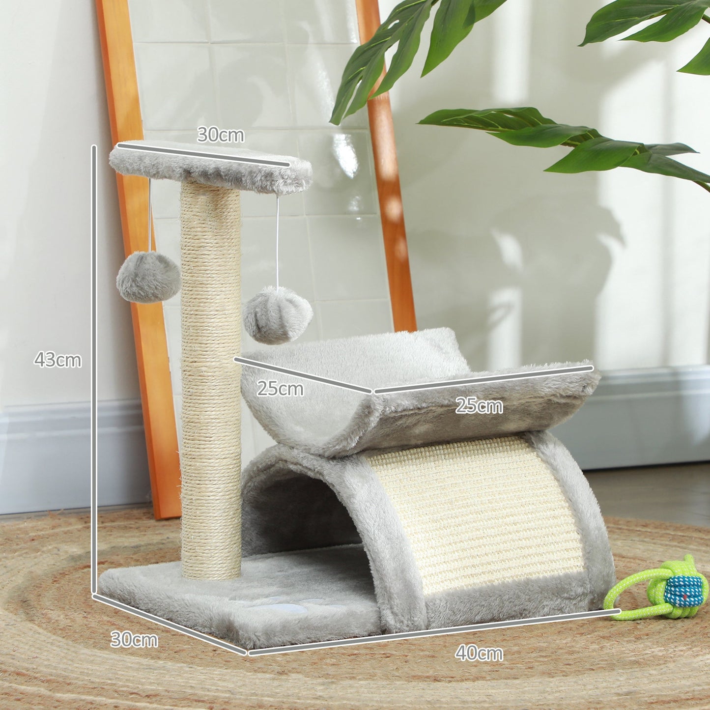 PawHut Cat Tree, Cat Tower for Kittens with Rotatable Top Bar, Sisal Scratching Post, Tunnel, Dangling Balls - Grey
