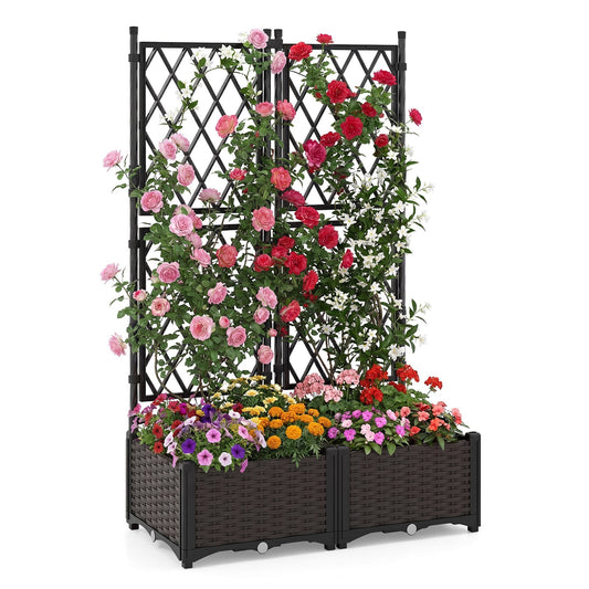 Raised Garden Bed with Trellis Self-Watering Elevated Planter Box with Drain Holes-Set of 2