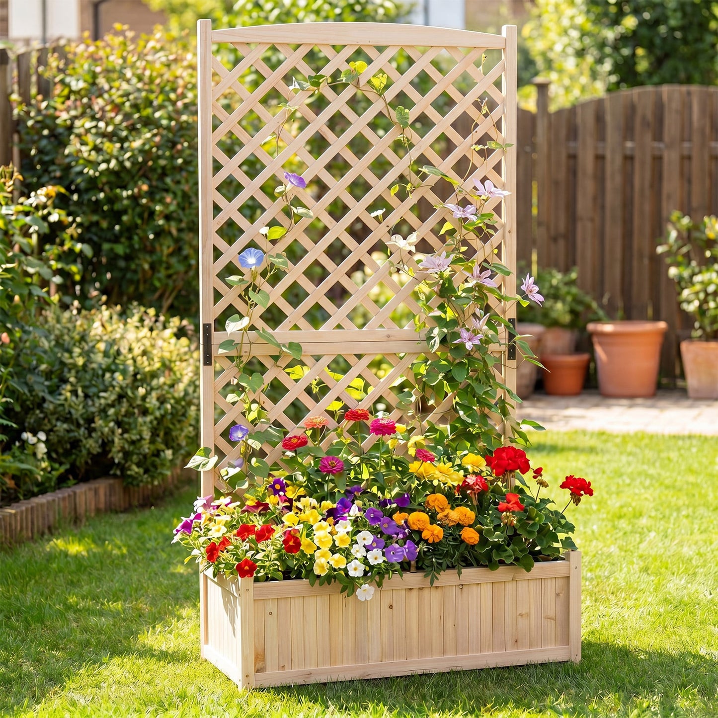 Raised Garden Bed with Trellis Wood Planter Box with Diamond Lattice Trellis-Natural