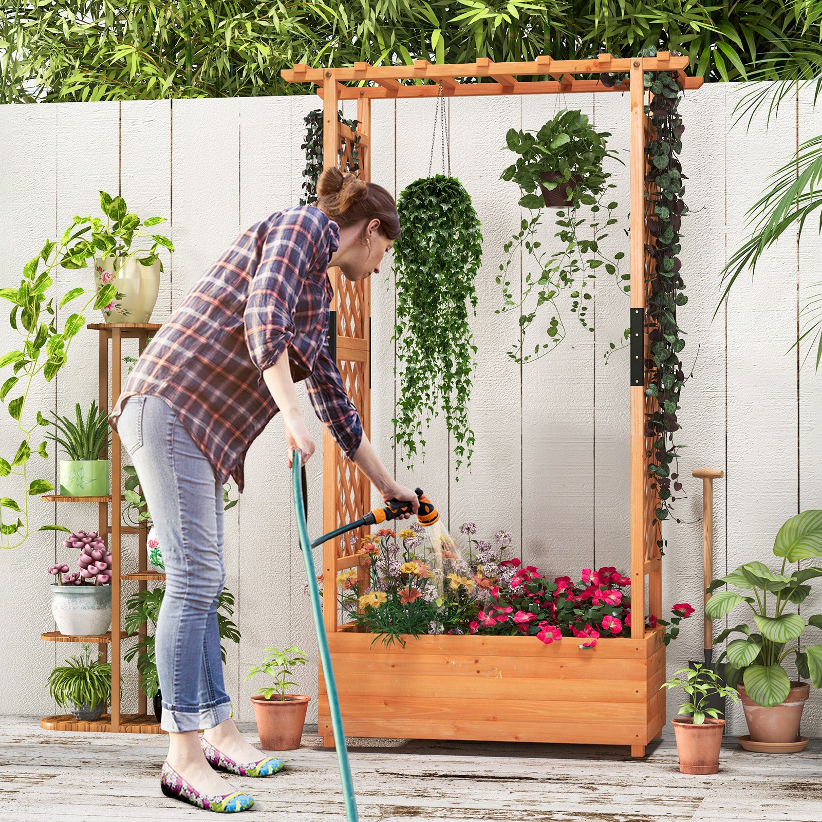 Raised Garden Bed Fir Wood Planter Box with 2-Sided Trellis and Hanging Roof-Orange