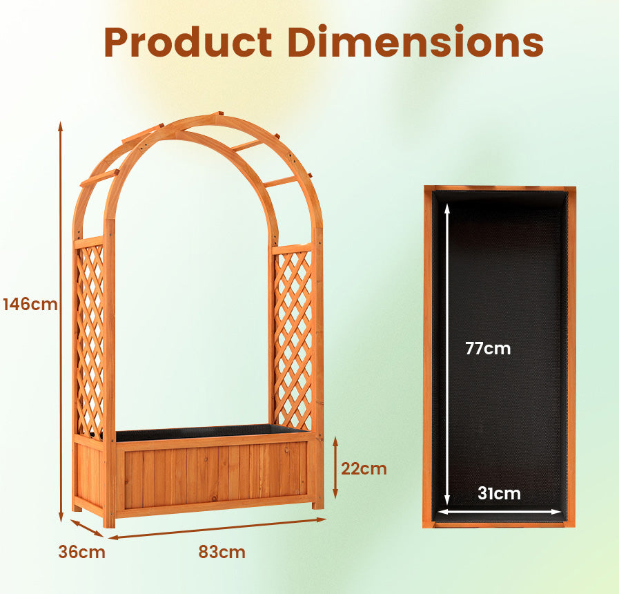 Raised Garden Bed with Arch Trellis Wood Planter Box with Liner-Brown