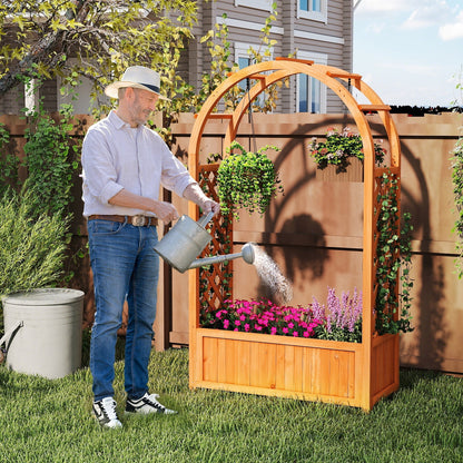Raised Garden Bed with Arch Trellis Wood Planter Box with Liner-Brown