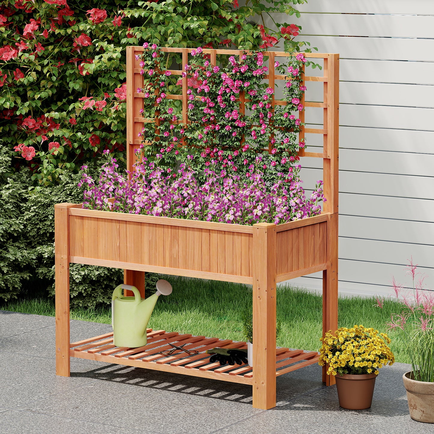 Raised Garden Bed with Trellis Wooden Elevated Planter Box with Legs-Brown