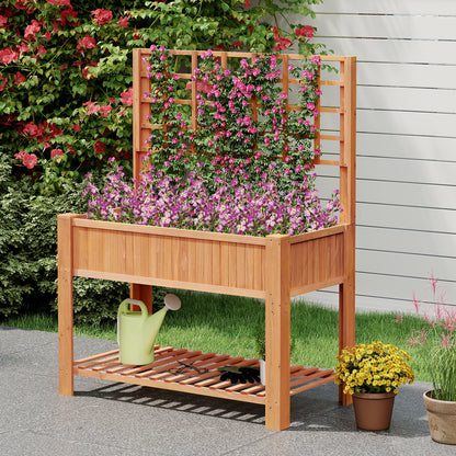 Raised Garden Bed with Trellis Wooden Elevated Planter Box with Legs-Brown