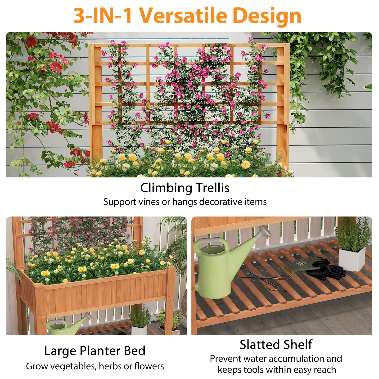 Raised Garden Bed with Trellis Wooden Elevated Planter Box with Legs-Brown