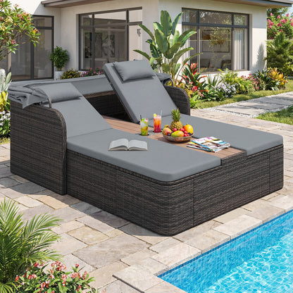 Rattan Double Daybed with Retractable Sunshade and Adjustable Backrests-Grey