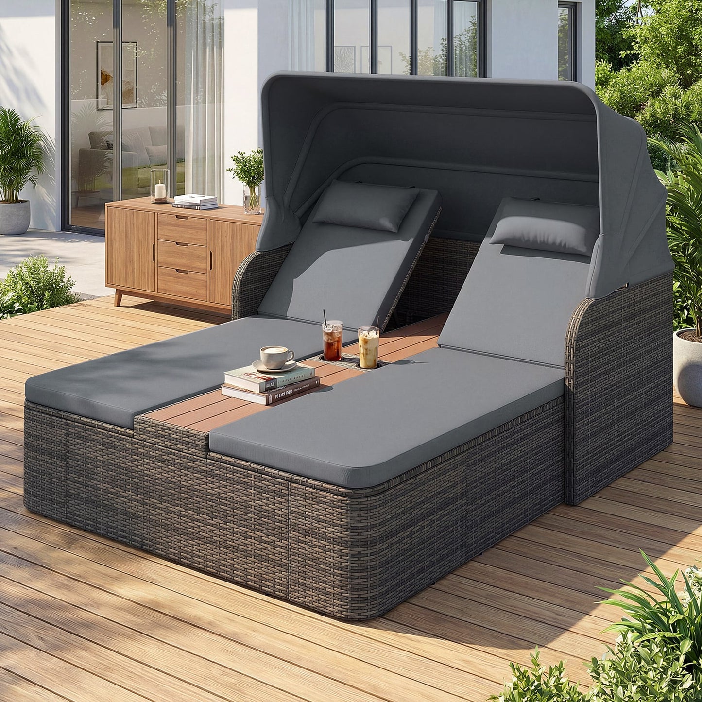 Rattan Double Daybed with Retractable Sunshade and Adjustable Backrests-Grey