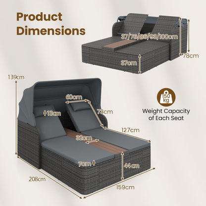 Rattan Double Daybed with Retractable Sunshade and Adjustable Backrests-Grey