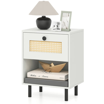Rattan Nightstand Boho Style Bedside Table with Drawer and Open Storage Shelf-White