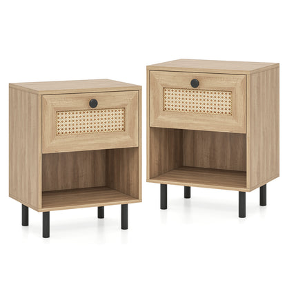 Rattan Nightstand with Drawer and Open Storage Shelf for Living Room Set of 2-Natural