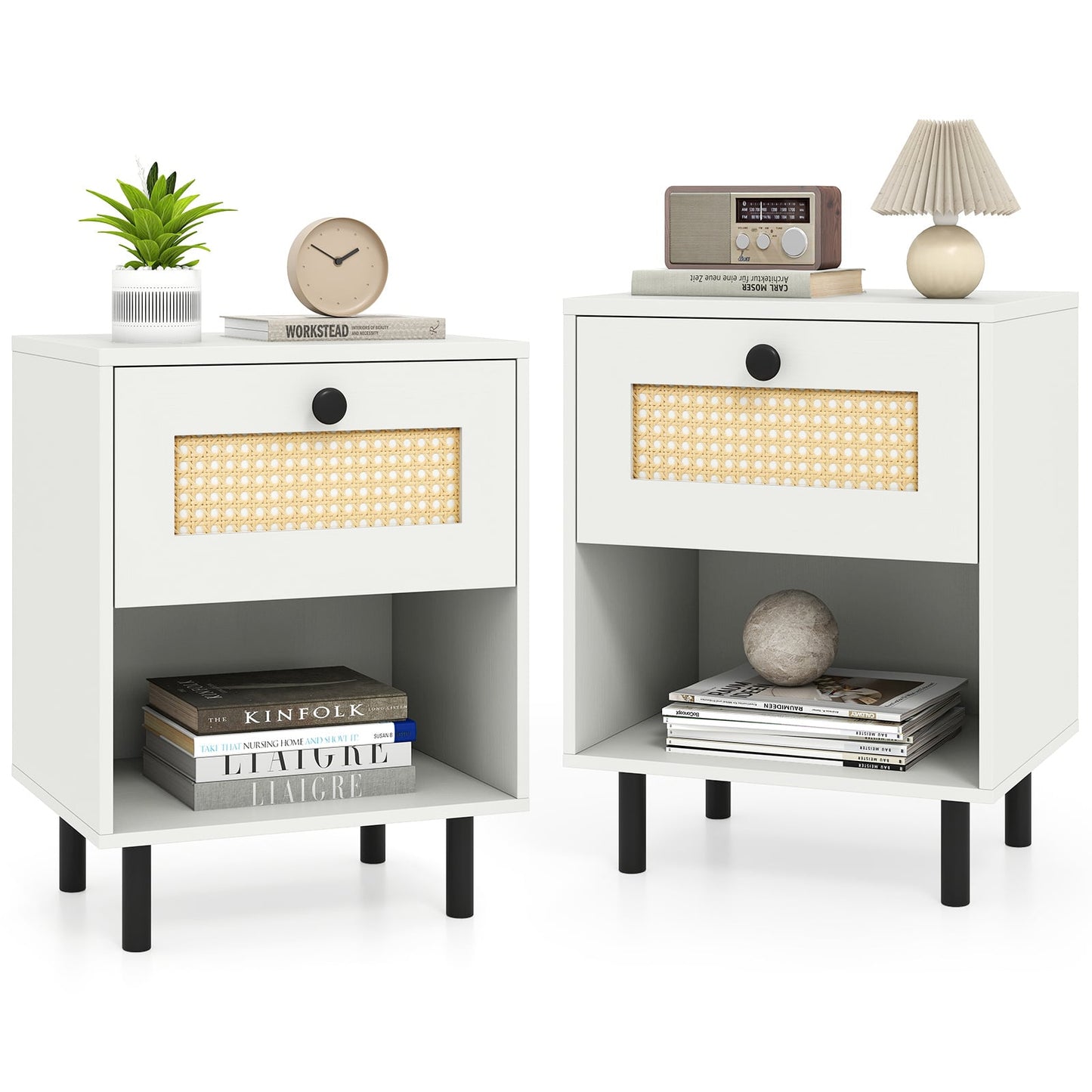 Rattan Nightstand with Drawer and Open Storage Shelf for Living Room Set of 2-White