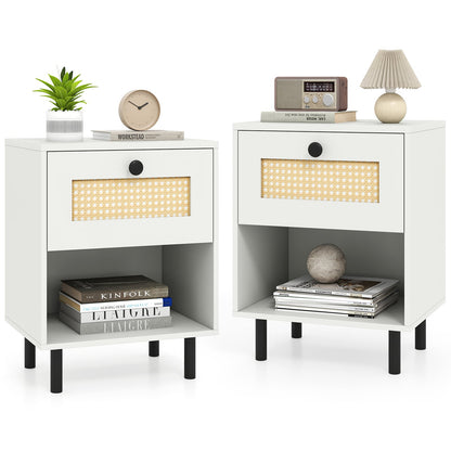 Rattan Nightstand with Drawer and Open Storage Shelf for Living Room Set of 2-White