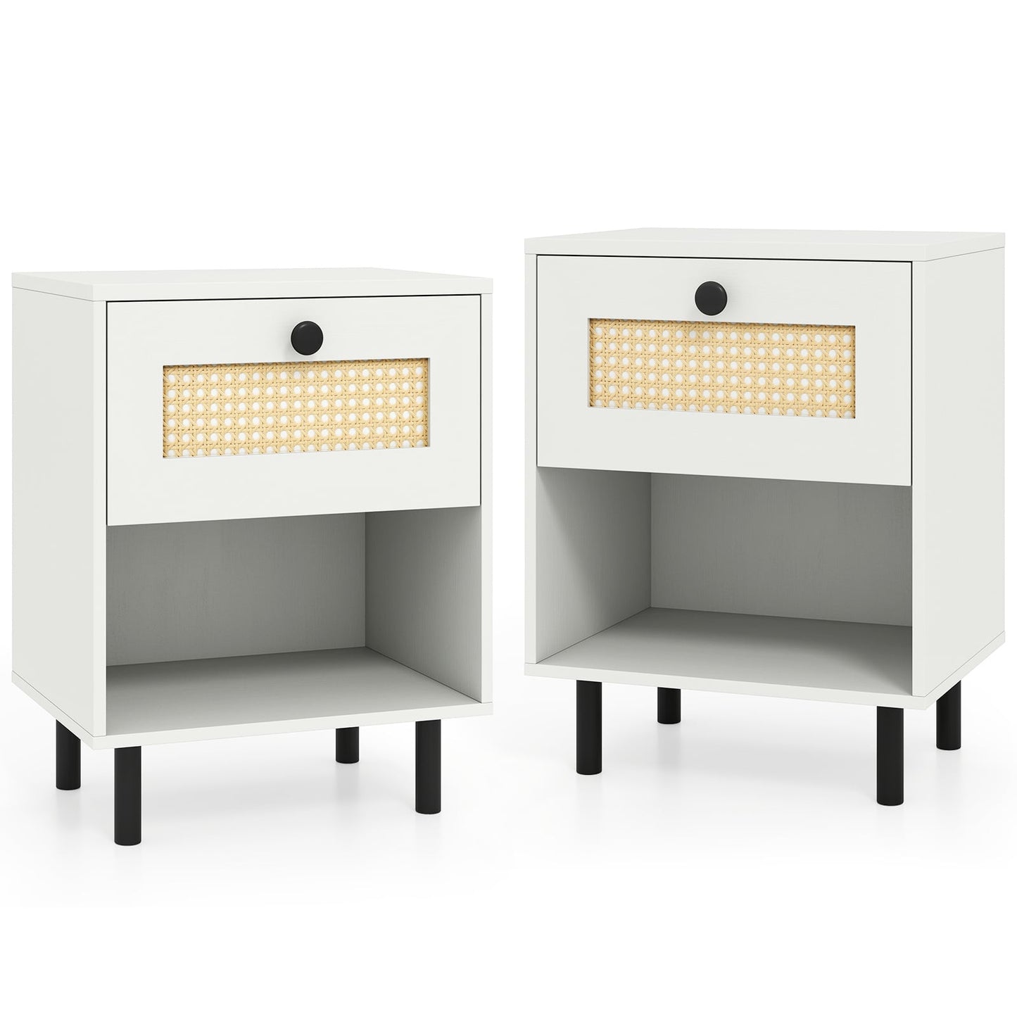 Rattan Nightstand with Drawer and Open Storage Shelf for Living Room Set of 2-White