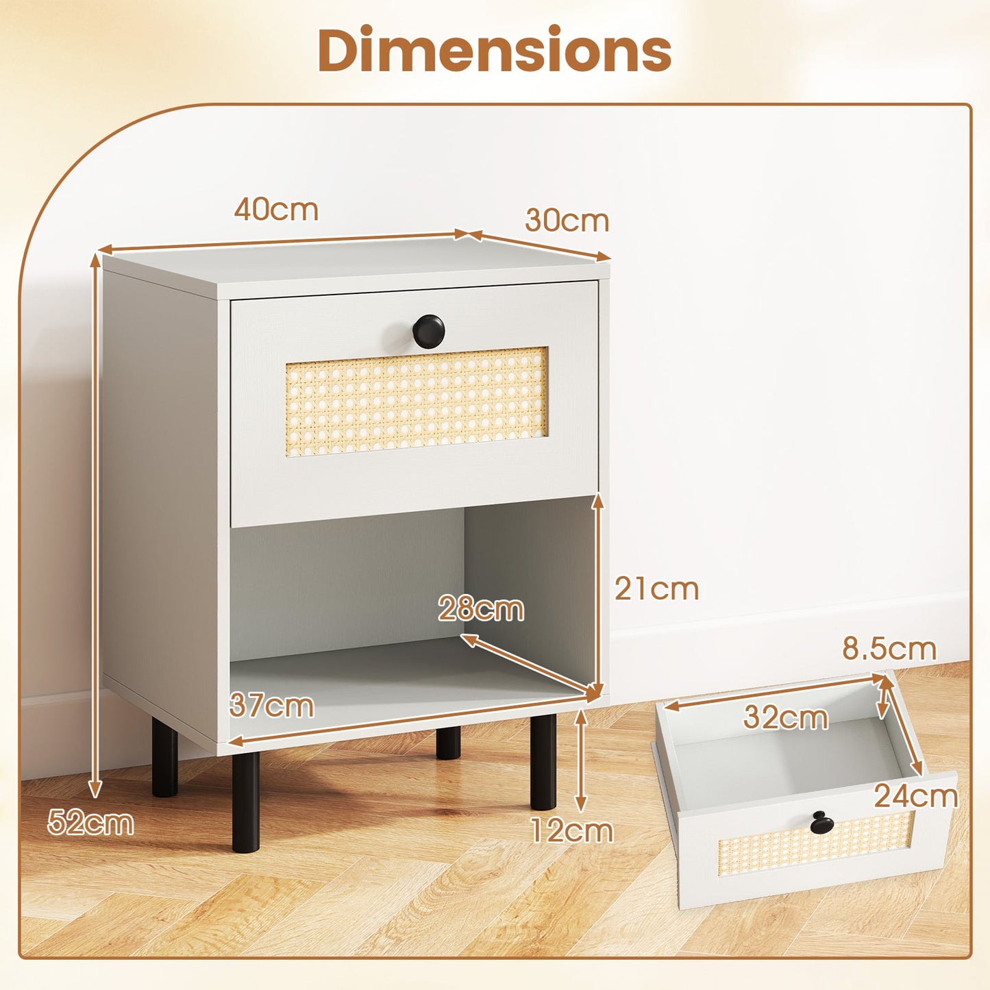 Rattan Nightstand with Drawer and Open Storage Shelf for Living Room Set of 2-White