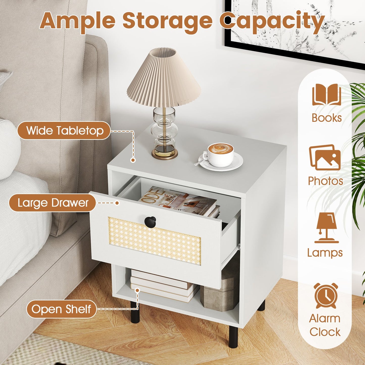 Rattan Nightstand with Drawer and Open Storage Shelf for Living Room Set of 2-White