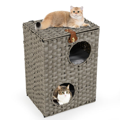 Rattan Cat House for Indoor 2-Tier Cat Condo Space Saving Kitty Bed Footrest Nightstand-Grey