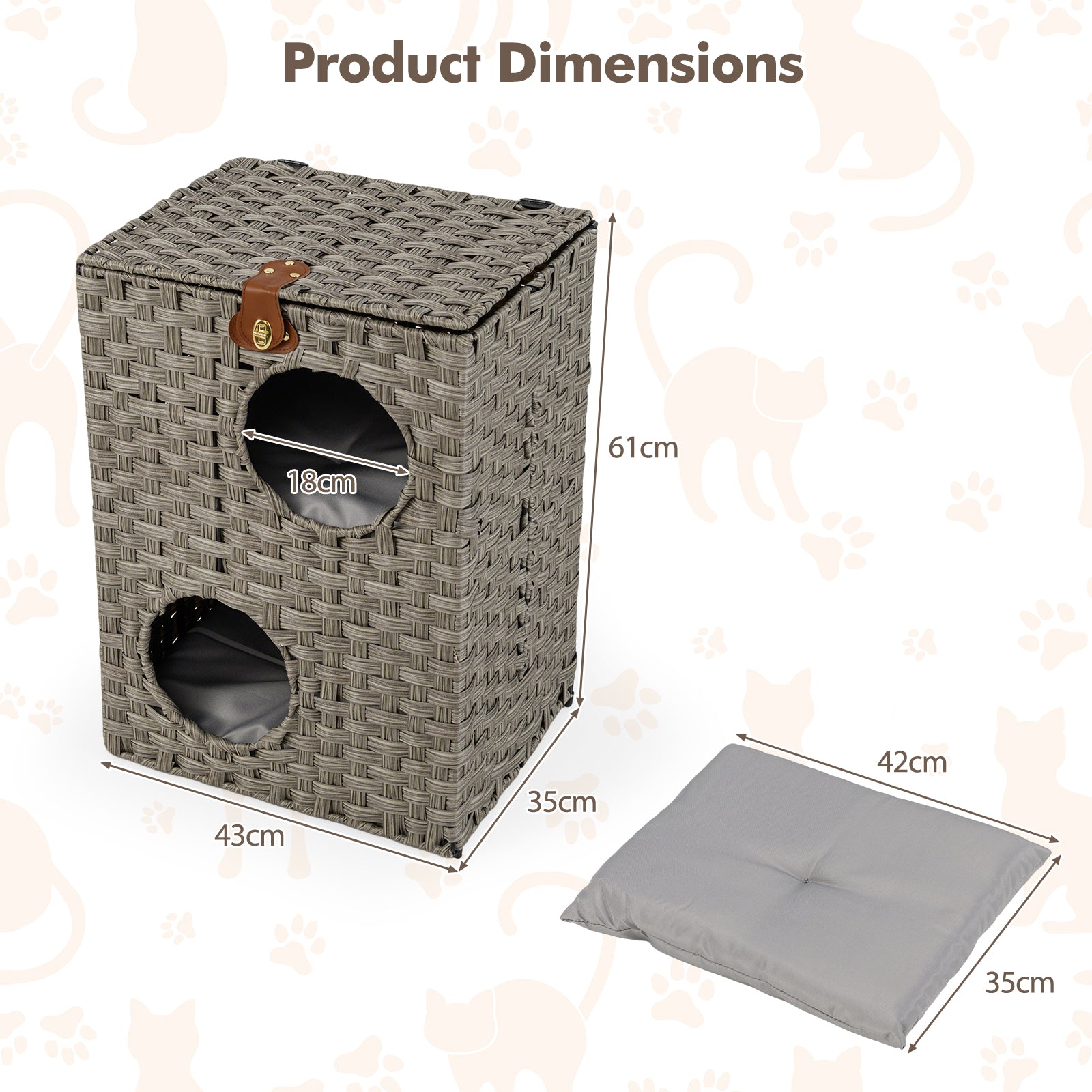 Rattan Cat House for Indoor 2-Tier Cat Condo Space Saving Kitty Bed Footrest Nightstand-Grey
