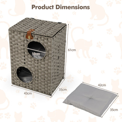 Rattan Cat House for Indoor 2-Tier Cat Condo Space Saving Kitty Bed Footrest Nightstand-Grey