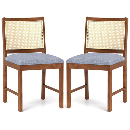 Rattan Dining Chair Set of 2 with Rubber Wood Frame and Linen Fabric Padded-Walnut
