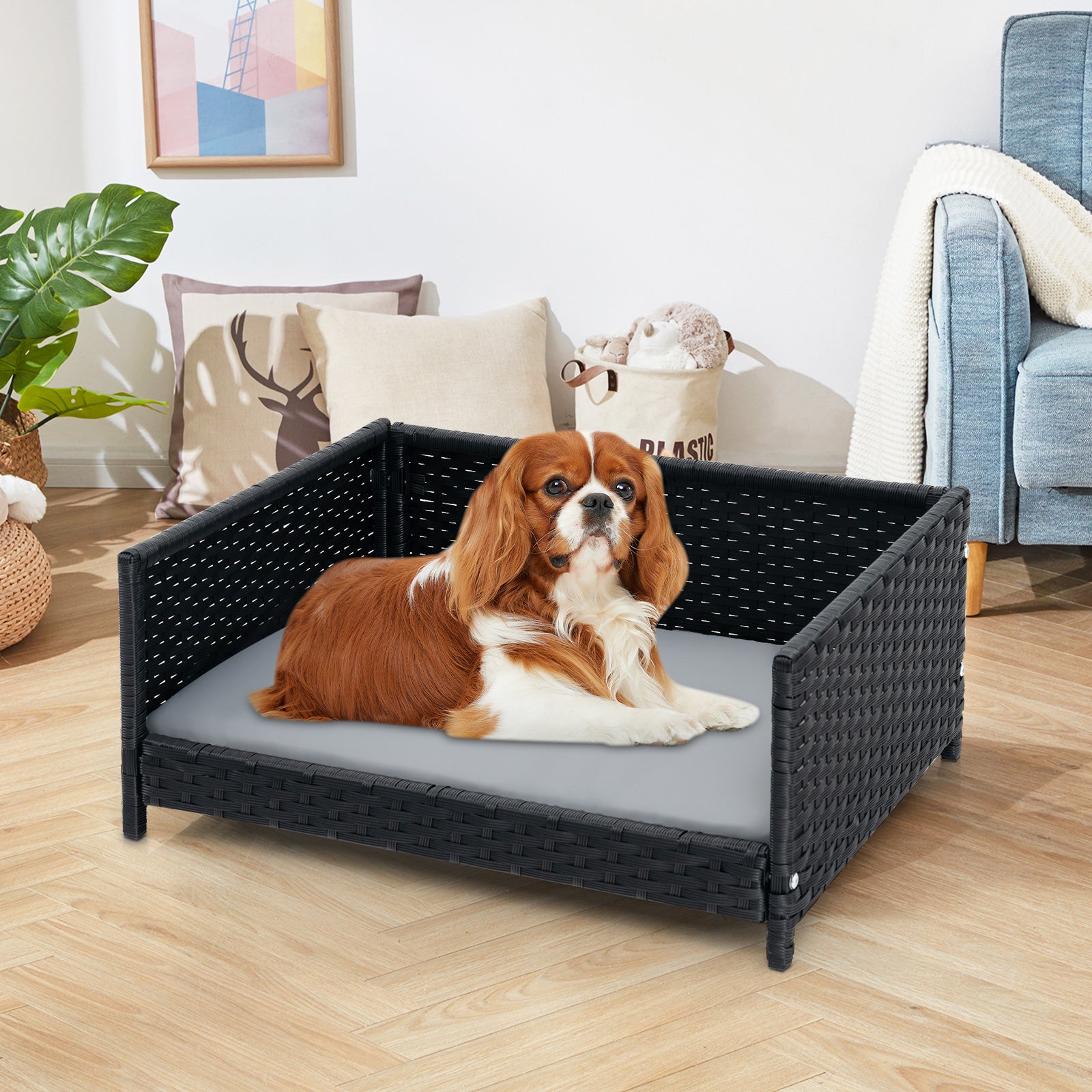 Handwoven Wicker Pet Bed Sofa Couch with Metal Frame and Cushion-Grey