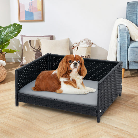 Handwoven Wicker Pet Bed Sofa Couch with Metal Frame and Cushion-Grey