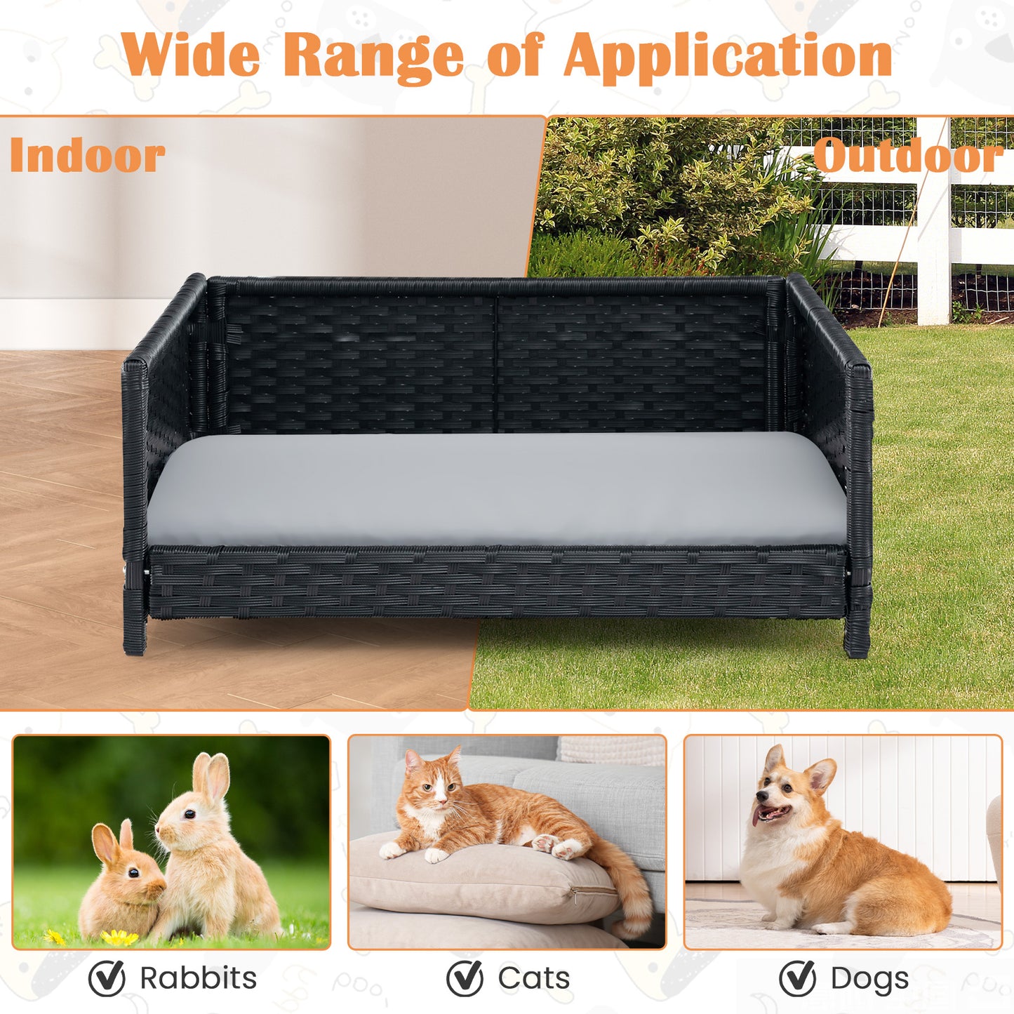Handwoven Wicker Pet Bed Sofa Couch with Metal Frame and Cushion-Grey