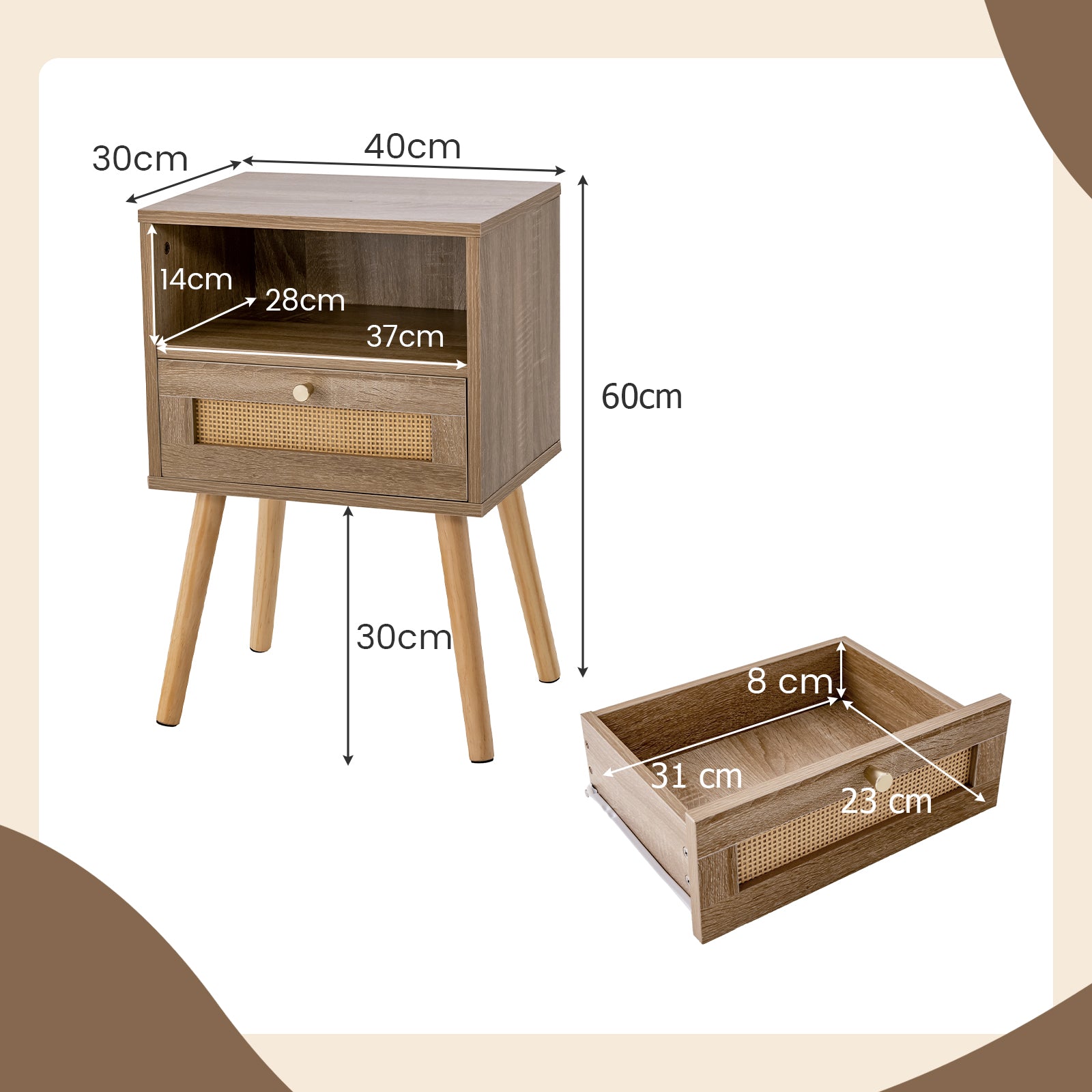 Rattan Nightstand Set of 2 with Rattan Drawer and Open Shelf-Natural
