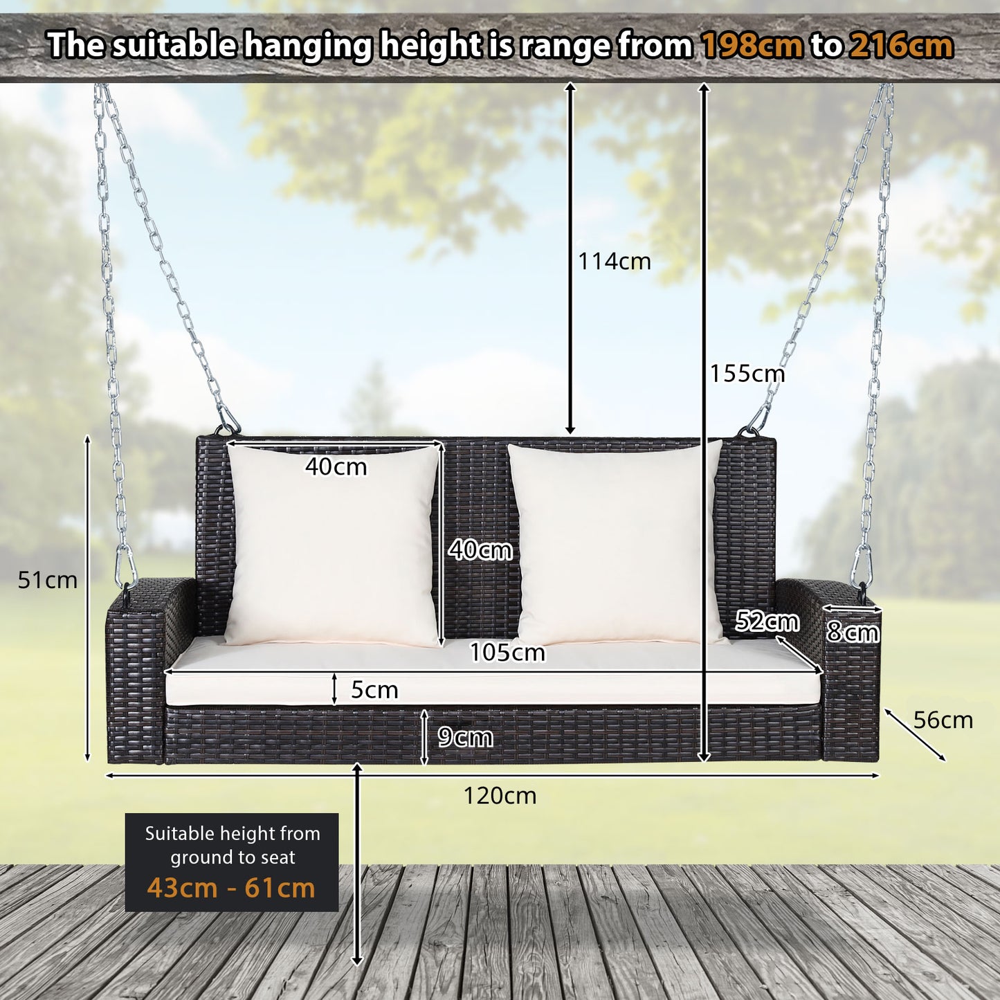 2-Seat Patio Rattan Porch Swing with Two Solid Steel Chains-White