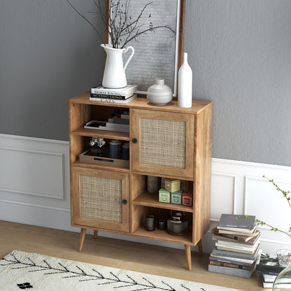 Rattan Sideboard Buffet Cabinet with 4 Cubbies and 2 Rattan-decorated Doors-Brown