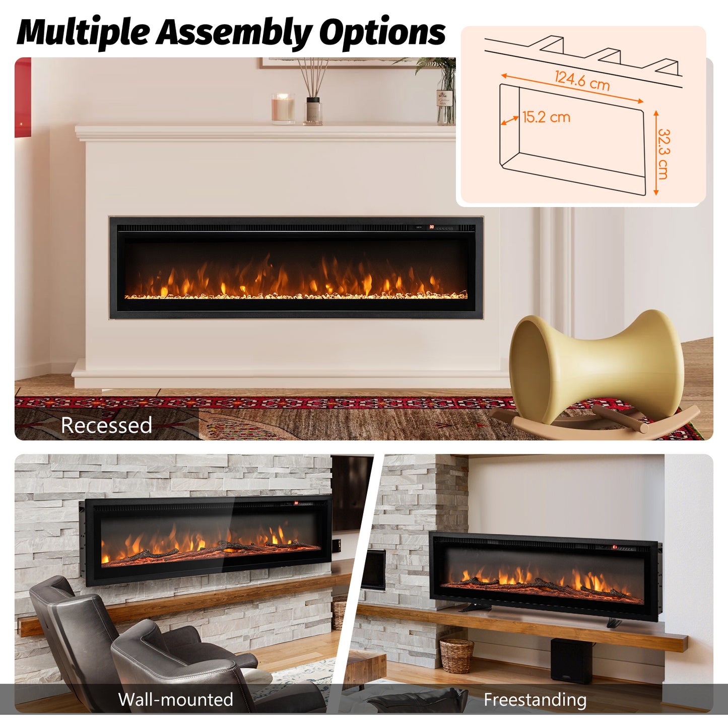 102/127 cm Wall Mounted Recessed Freestanding Electric Fireplace-Size 2