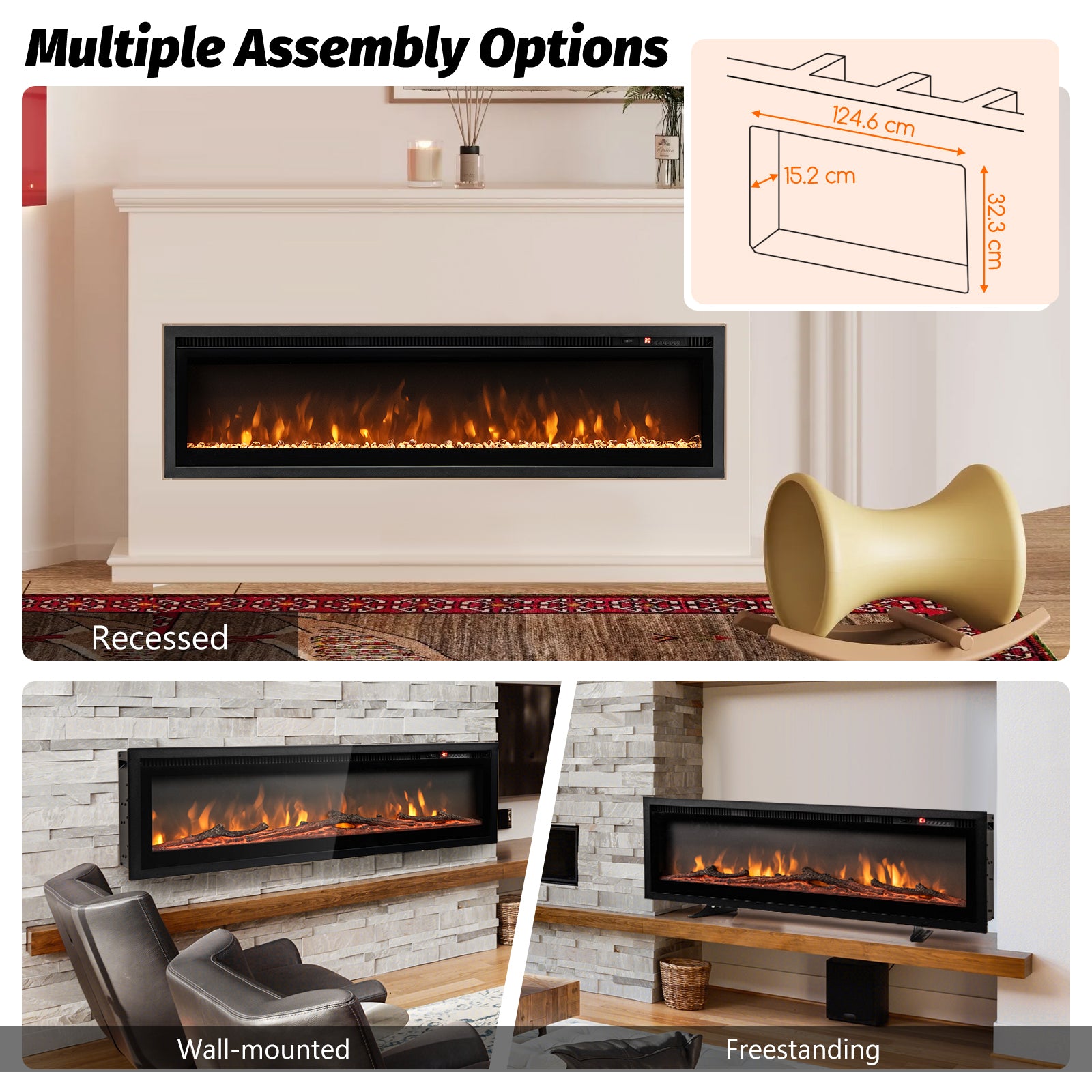 102/127 cm Wall Mounted Recessed Freestanding Electric Fireplace-Size 2