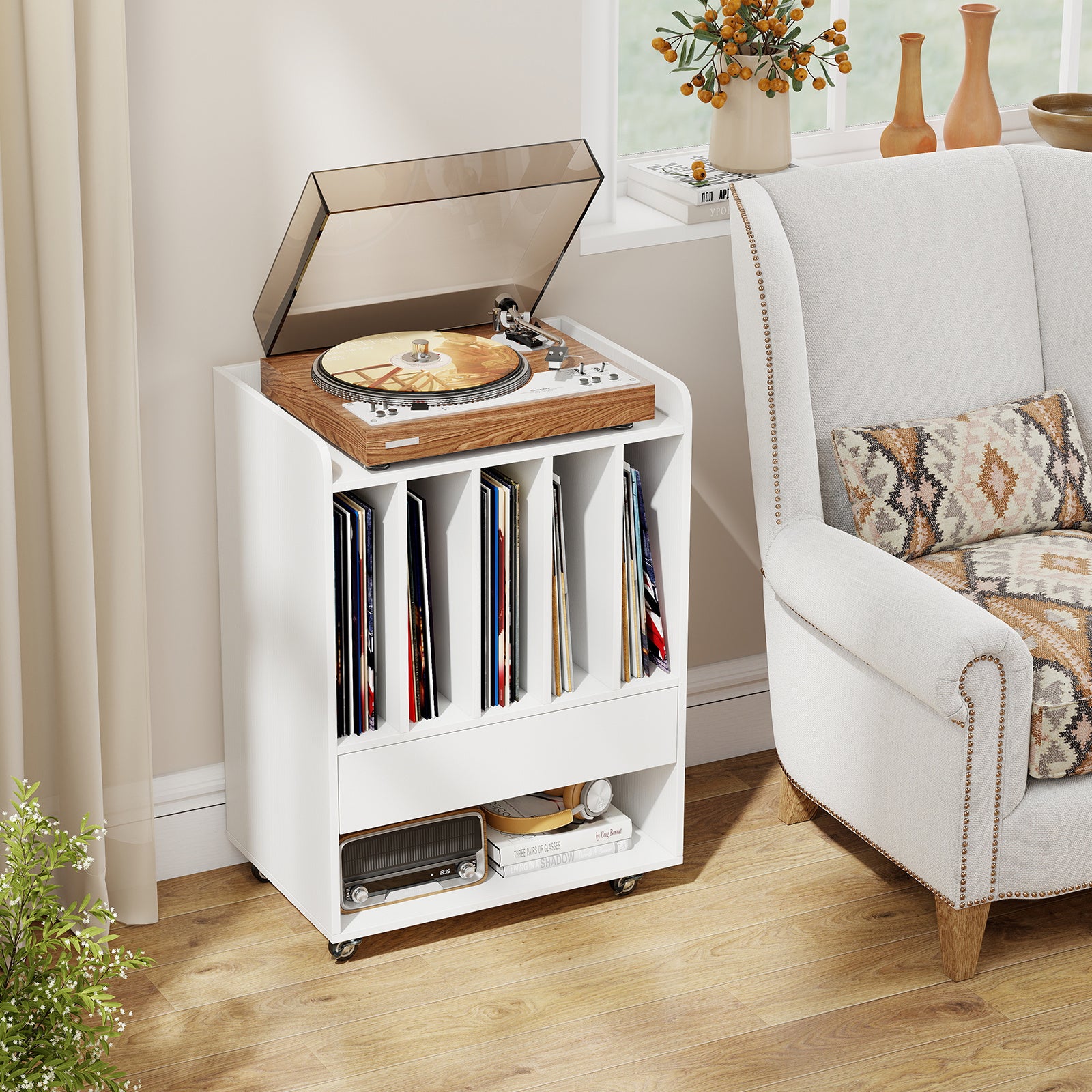 Record Player Stand On Wheels with 5 Compartments for Living Room Bedroom-White