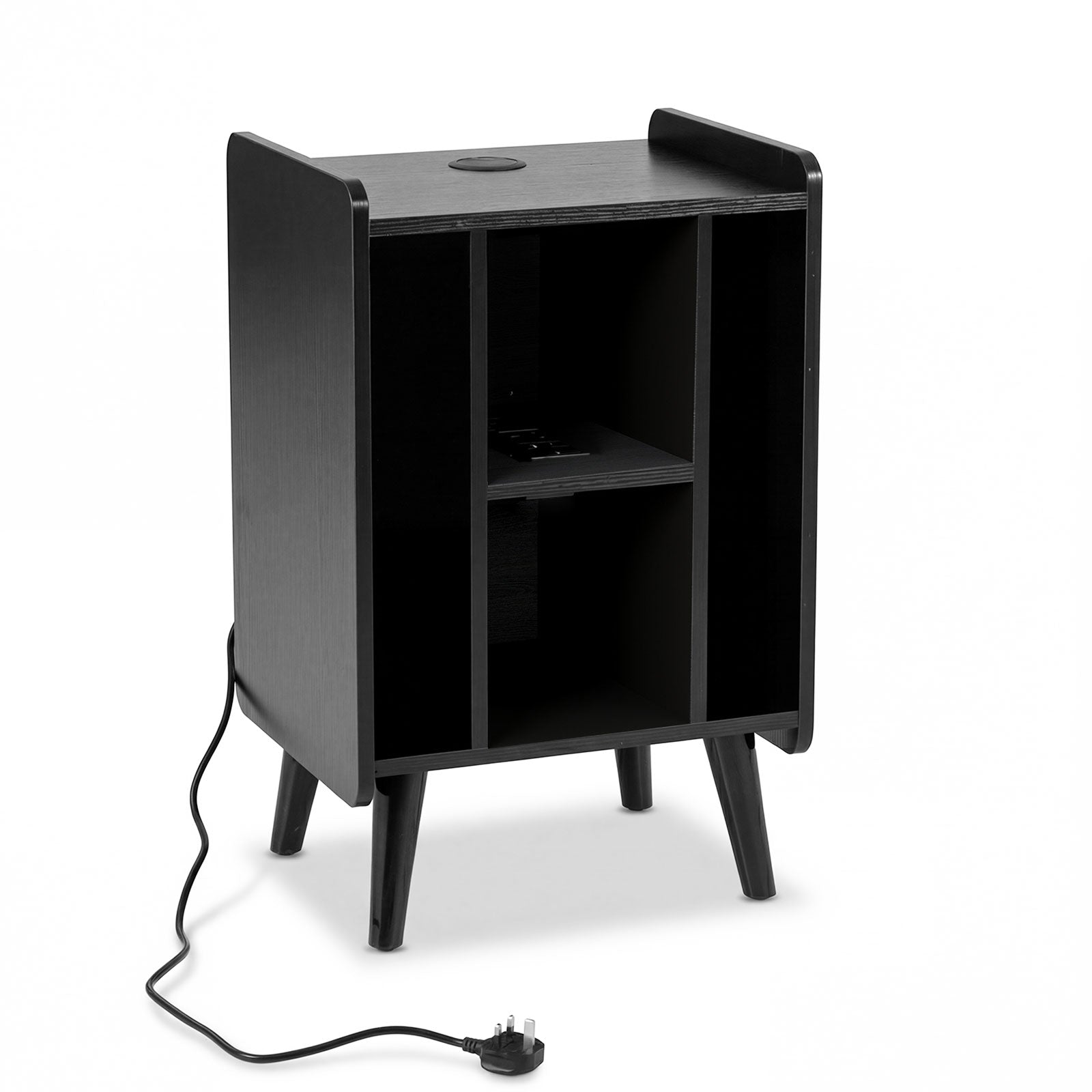 Record Player Stand with 4 Open Shelves Power Outlet USB Charging Port-Black