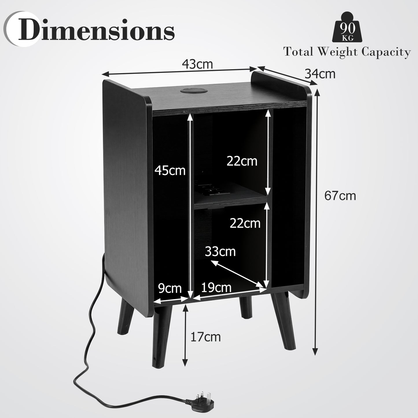Record Player Stand with 4 Open Shelves Power Outlet USB Charging Port-Black