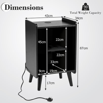 Record Player Stand with 4 Open Shelves Power Outlet USB Charging Port-Black