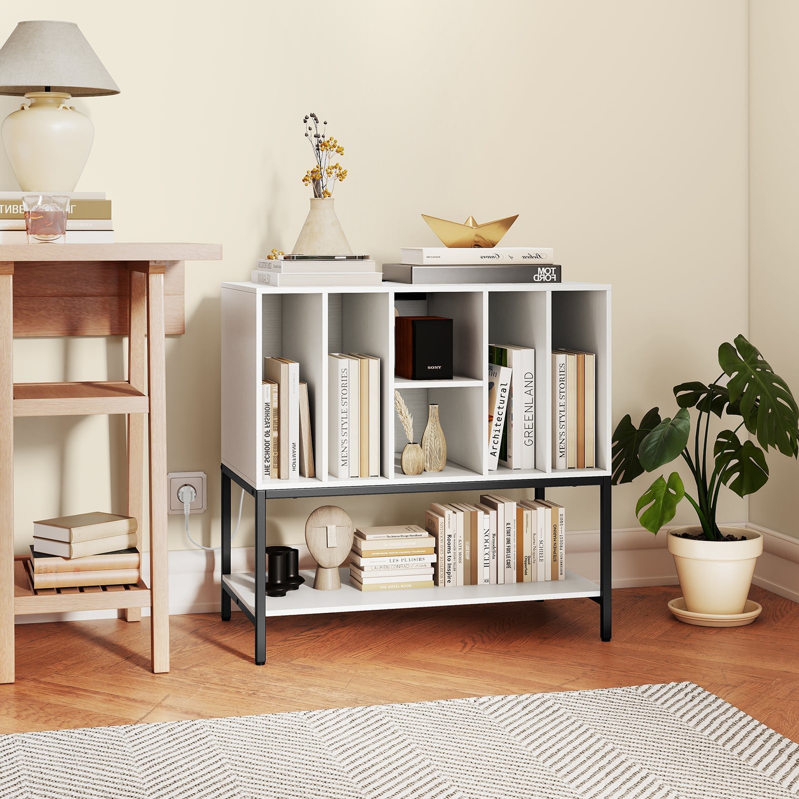 Record Player Stand with Charging Station for Living Room-White
