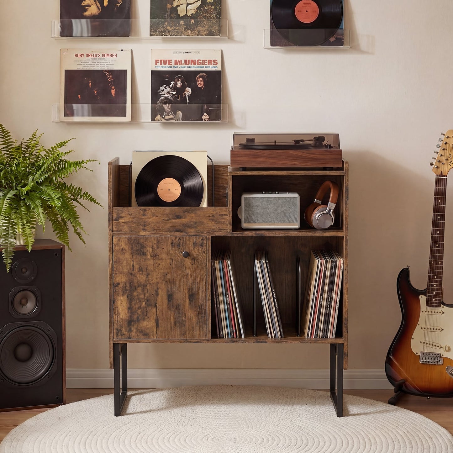 Record Player Stand with Power Outlets and Open Shelf-Rustic Brown